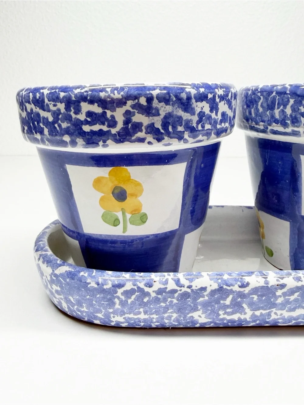 Vintage Himark Portugal Pottery Window Flower Pots Blue Checkered Sponge Painted